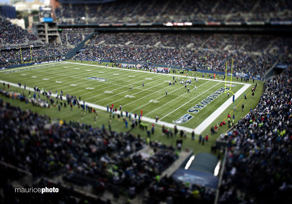 A picture of Qwest Field from the press box during a Seahawks game. 