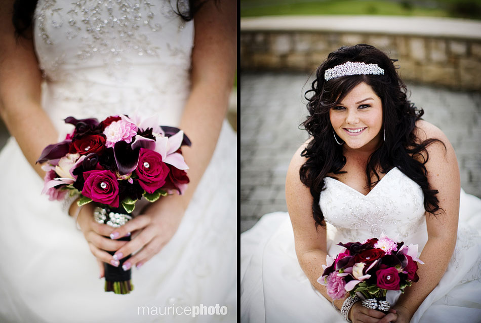 A picture of a bride posing with bouquet, hot pink roses, jewels, at Newcastle