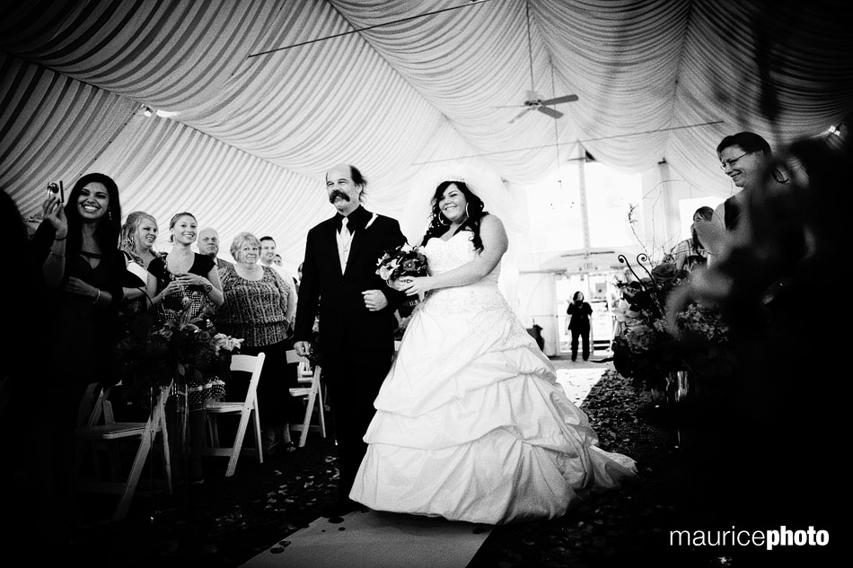 Picture of the bride walking down the aisle in the tent at Newcastle.