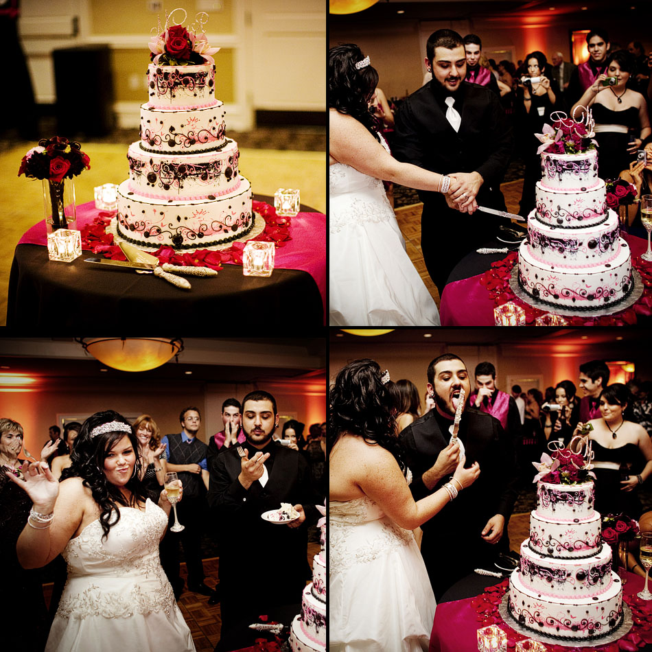 Photos of the Bride and Groom cutting their hot pink and black wedding cake.