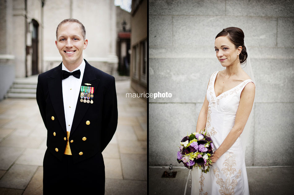Solo portraits of a bride and groom in front of St. James Cathedral in downtown Seattle. 