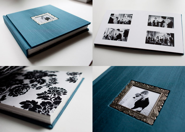 Photos of a handmade wedding album using Japanese Book Cloth. 