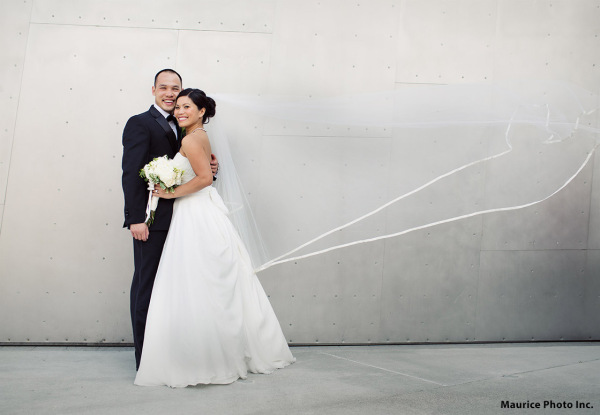 Wedding photos in front of the Experience Music Project aka EMP at Seattle Center.