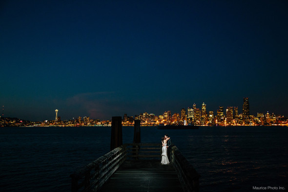 Seattle Waterfront view at night. Seattle Wedding Photographer Maurice Photo Inc.