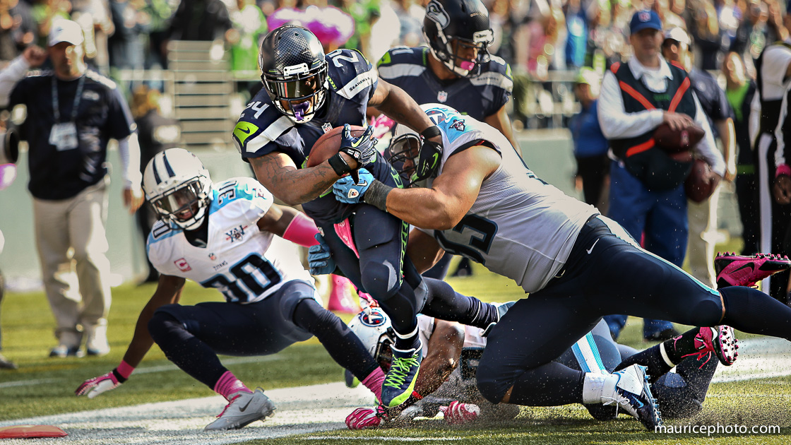 Marshawn Lynch of the Seattle Seahawks tackled on the 1 yard line