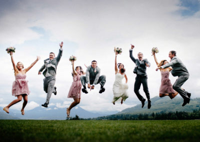 Bridal Party Jumping in the air at Snoqualmie Ridge